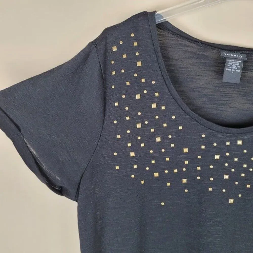 Torrid Size 1X Studded Short Sleeve Top Stretch Black Gold - Picture 5 of 10
